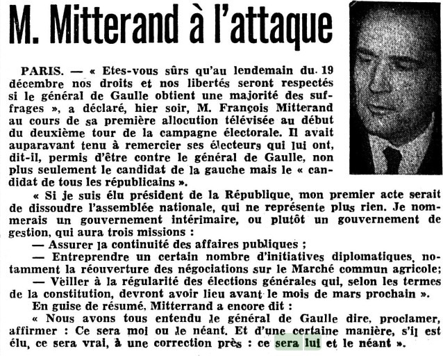 article journal François MITTERAND élection présidentielle décembre 1965
